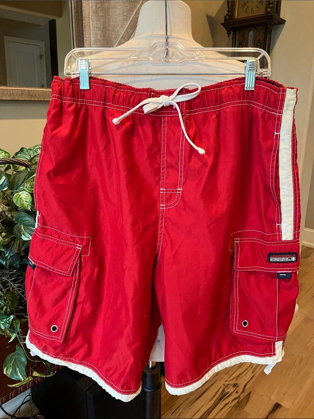 Aeropostale Retro Red Men’s Cargo Board Shorts with White Trim